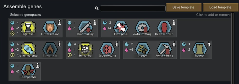 **TL;DR:** Image from the game *RimWorld* showing the "Assemble Genes" UI where various genetic traits are selected from genepacks, with stats and icons.

**Description:** The image shows a dark UI titled "Assemble genes," with several genetic traits arranged in hexagonal icons. Traits like "Ageless," "Fire resistant," "Poor cooking," and "Superclotting" are displayed. Each trait has small colored icons for complexity and metabolic effects (represented by blue DNA icons and pink flame icons). Some traits have positive stats (like "+2 immunity") while others have drawbacks (like "-2 cooking"). There are options to "Save template" or "Load template" at the top right.