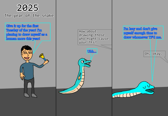 A three panel comic of me transforming from a human into a snake.