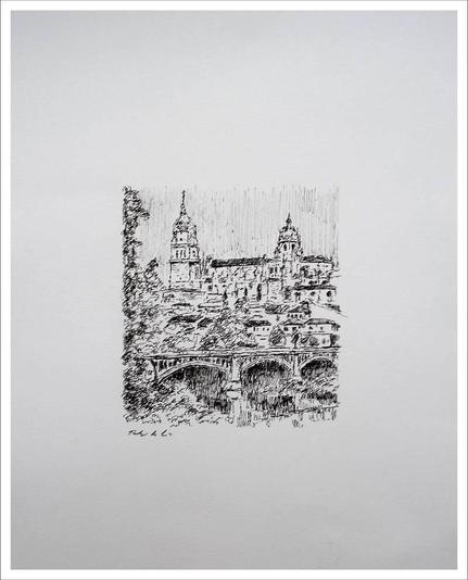 Dibujo a tinta de un paisaje de Salamanca realizado por Rubén de Luis