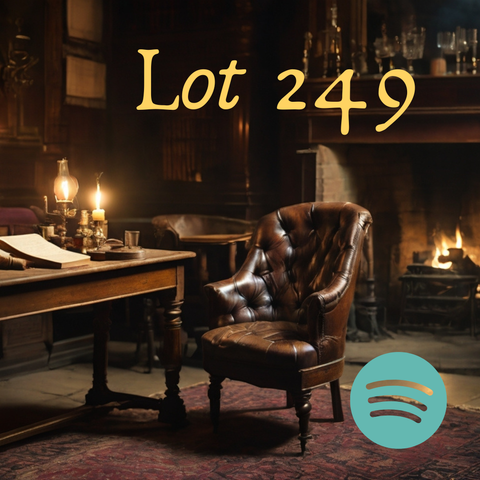 A student's room at Oxford  in 1882, the setting for Lot 249 by Arthur Conan Doyle: a leather armchair pushed away from a desk. The room is lit by  a fireplace in the background, and a lamp and a candle on the desk.
