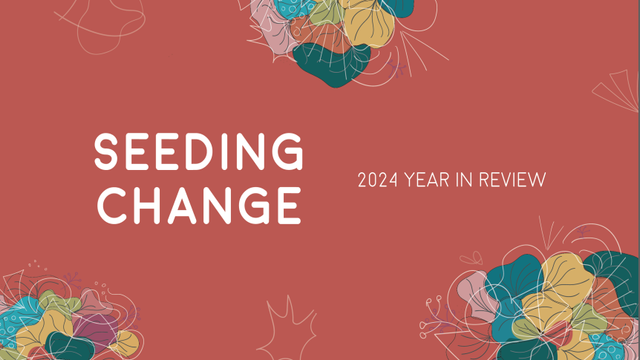 A stylized graphic titled 'Seeding Change: 2024 Year in Review' on a red-orange background. It features abstract, colorful floral and leaf-like designs in green, yellow, blue, and pink, arranged decoratively around the text.