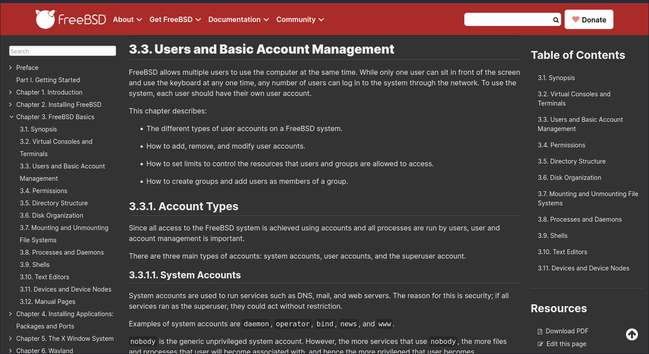 A screenshot of a FreeBSD documentation webpage section titled "3.3. Users and Basic Account Management".  The left side shows a table of contents with chapter headings like "Synopsis," "Virtual Consoles and Terminals," and others related to FreeBSD system administration. The main section explains that FreeBSD allows multiple users, detailing how to manage user accounts, including adding, removing, and modifying them, as well as setting resource limits and creating groups.  A sub-section, "3.3.1. Account Types," describes system accounts, user accounts, and the superuser account, with examples of system accounts like daemon, operator, bind, news, and www. 