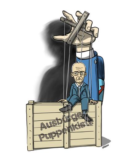 Eine Friedrich Merz Marionette sitzt auf einer Kiste, auf der steht: "Ausbürger Puppenkiste"
Ein dunkler Schatten, der eine Armbinde der AfD trägt, zieht die Fäden der Marionette.