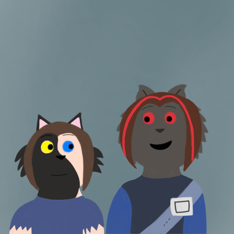 Drawing of Cinder looking at Owen and smiles while Owen looks happily at Cinder