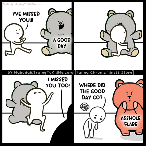 4 panel comic
1st panel - a guy running up to a teddy bear, named 'a good day', and saying 'i've missed you!!!'

2nd panel - the guy runs into 'a good day' teddybear and starts being absorbed by it

3rd panel - the guy comes out the other side of 'a good day' teddy bear and a silhouette of a different teddybear says 'i missed you too!'

4th panel - the 2nd teddybear is called 'asshole flare' and the guy says 'where did the good day go? There is a cloud over his head