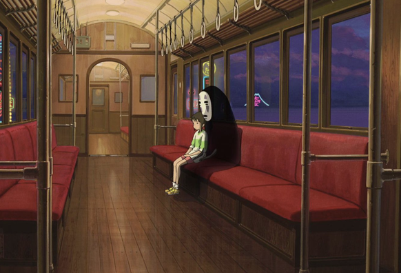 A still from the film "Spirited away" by Hayao Miyazaki, where the main character, a young girl named Chihiro, rides an empty train in the company of her friend, a ghost like figure.