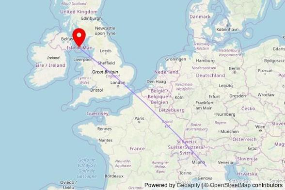 A map showing the great circle route from Offlaga in Italy to a map pin at Saint German's Cathedral, Derby Road, Peel, IM5 1HH, Isle of Man