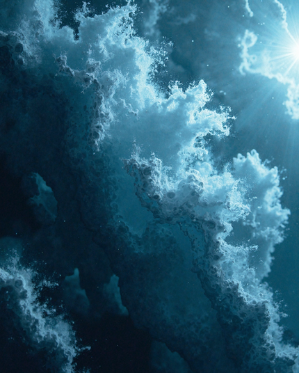 A dramatic scene of billowing clouds with sharp, frothy edges, lit by a radiant light breaking through the blue atmosphere. The light highlights the chaotic beauty of swirling, textured clouds, creating a sense of motion and depth.
