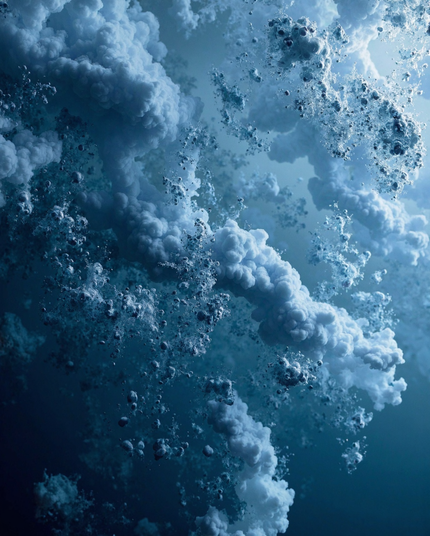 An intricate close-up of turbulent, icy clouds blending with particles and vapor in an otherworldly blue haze. The dense, textured formations appear dynamic, as if caught in motion, surrounded by fine sparkling details.