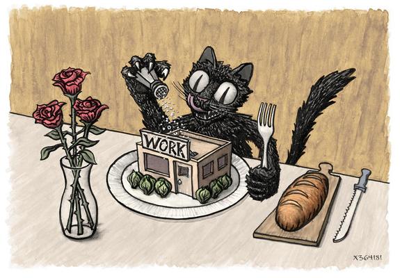 A black cat sab-cat puts salt on a workplace 
Bread and roses accompany the meal 