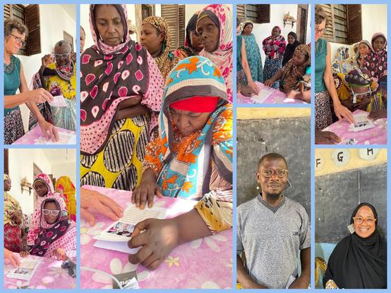 Collage aus mehreren Fotos einer Brillenausgabe mit Sehtest. Überwiegend etwas ältere Frauen schauen dabei auf Zettel mit Texten und Bildern, um die Sehstärke zu ermitteln.2 lächelnde, jüngere Lehrer bzw. Lehrerin stehen mit Brillen auf der Nase vor einer Schultafel. 