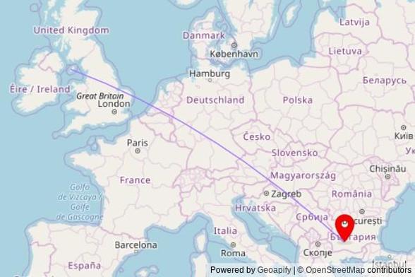 A map showing the great circle route from Peel in the Isle of Man to a map pin at Света Неделя, 3706, 4414 Debrashtitsa, Bulgaria