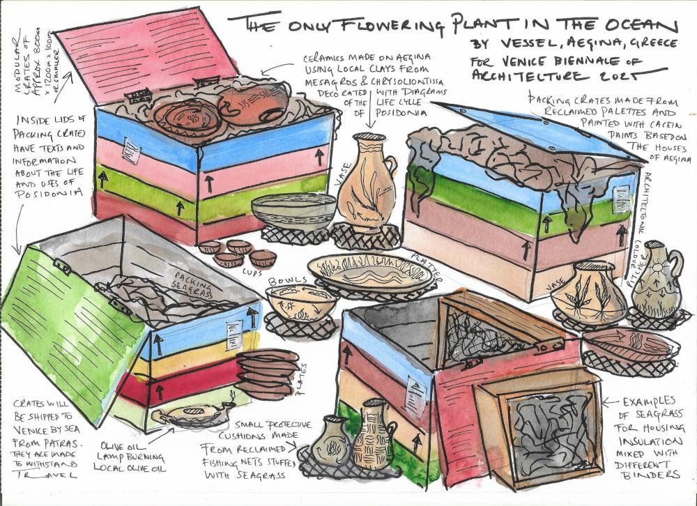 A painting of Vessel's proposal for Venice: brightly-coloured crates of dried seagrass, collected from local beaches, cradling handmade ceramics made from island clay.