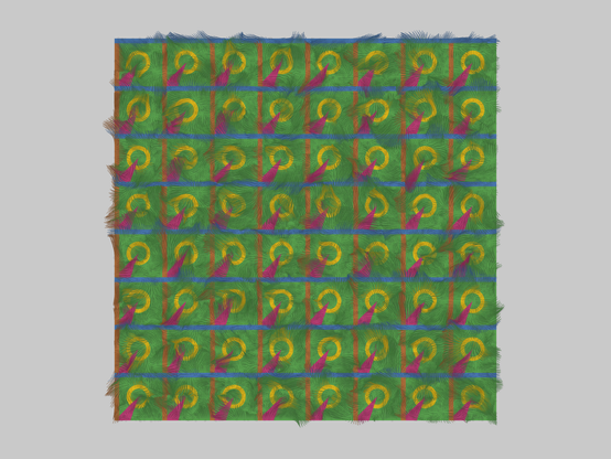 pattern that looks like a dirty public transport seat

colour singled magenta, yellow, orange but mostly green and some bluelines

added hair texture