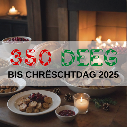 Image created using AI technology provided by Fooocus v2.5.5 (https://github.com/lllyasviel/Fooocus).
Front text: "350 Deeg bis Chrëschtdag 2025"