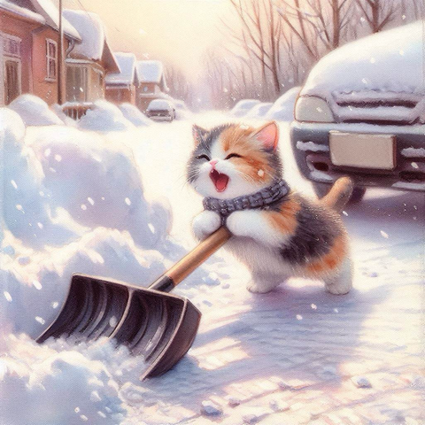 朝焼けの住宅街で、青いニット帽と赤いマフラーを身につけた三毛猫が、小さなシャベルで車の周りの雪を懸命に掘り出している温かみのある水彩画タッチのイラスト。