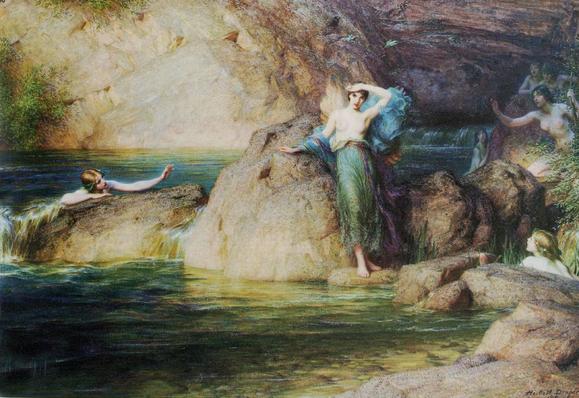 a painting of a slender woman standing wearing a light emerald green dress by a rock on the shore of the ocean, dark green-blue waters up to her ankles, nymphs swimming in the water around her, the sunlight on the tan-brow-golden rocks 