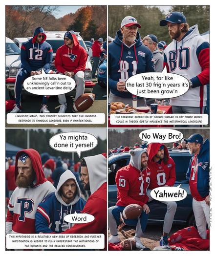 A four panel photo array explaining an odd connection to New England dialects and an ancient levantine deity in an area of study entitled "Linguistic Magic".  