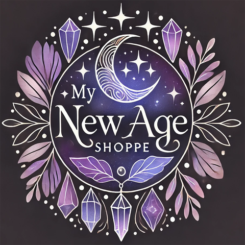 My New Age Shoppe Logo with moon, crystals, stars, and leaves