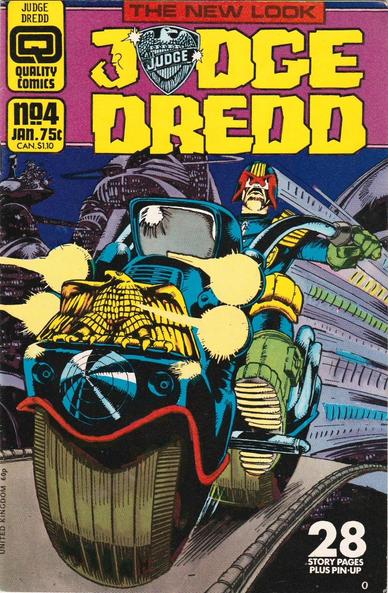 The front cover of Judge Dredd, Vol 2, No 4 for January 1987, featuring cover art by Mike McMahon of Joe Dredd zooming by on his Lawmaster.