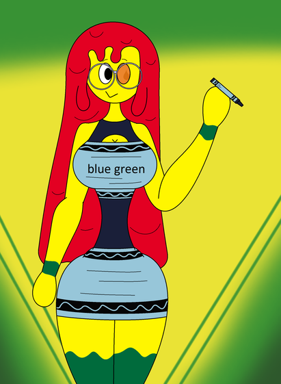 Drawing of Cadmium wearing a blue-green dress colored to be reminiscent of a Crayola crayon. The background is colored to look like a Crayola crayon box.