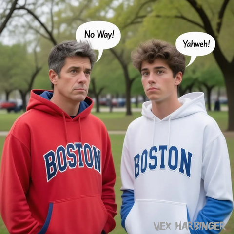 A photo of Two average fellas in Boston Hoodies conversing about Yahweh.