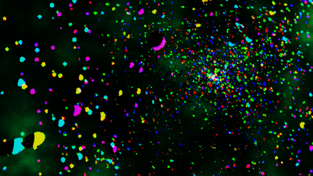 Black spheres with cyan, magenta, or yellow accents are scattered across a deep green background. There's very many of them. The entire image is processed with a halftone filter, which makes it look like an old magazine print. It also distorts the colors of the spheres further out.