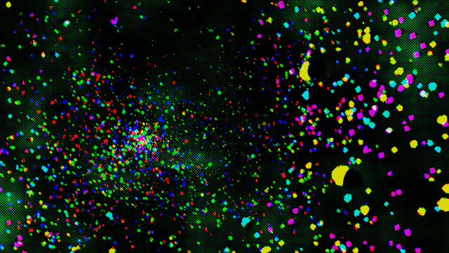 Black spheres with cyan, magenta, or yellow accents are scattered across a deep green background. There's very many of them. The entire image is processed with a halftone filter, which makes it look like an old magazine print. It also distorts the colors of the spheres further out.