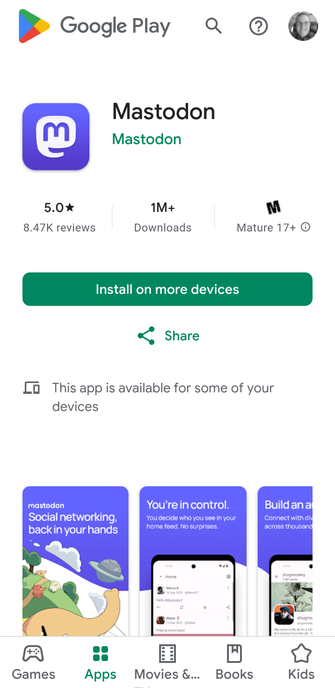 Mastodon showing now 5.0 average review on its Google Play Store listing. 