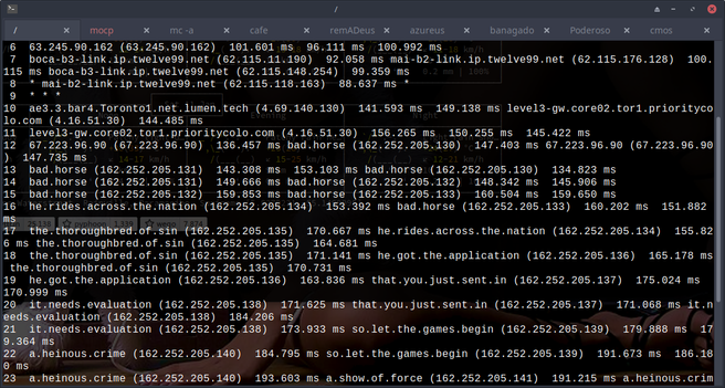 The image you sent appears to be the output of a network diagnostic tool, likely a ping command or a traceroute.

Here's what we can interpret from the information:

1. Hostnames and IP Addresses:

    The output lists a series of hostnames and their corresponding IP addresses (e.g., "63.245.90.162").

2. Ping Times (Latency):

    For each hostname or IP address, multiple ping times are listed, usually in milliseconds (ms).
    These times represent how long it took for a network packet to travel from the source to the destination and back.

3. Network Hops (Traceroute):

    It's possible that this is a traceroute output, showing the path that network packets take to reach a destination.
    Each line might represent a "hop" or a device (router, switch, etc.) along the path.

4. Network Performance Issues:

    Some of the ping times are relatively high (e.g., over 100ms), which could indicate potential network congestion or issues with the network path.
    There might be some packet loss, indicated by asterisks (*) in some lines.

Without more context, it's difficult to say definitively what this output means. However, it provides some basic information about network connectivity and performance.

