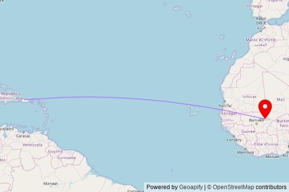 A map showing the great circle route from Arecibo in the United States to a map pin at Mosquée de Sibila, L519, Sibila, Mali