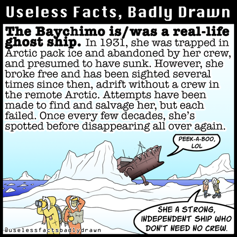 The Baychimo is/was a real-life ghost ship. In 1931, she was trapped in Arctic pack ice and abandoned by her crew, and presumed to have sunk. However, she broke free and has been sighted several times since then, adrift without a crew in the remote Arctic. Attempts have been made to find and salvage her, but each failed. Once every few decades, she's spotted before disappearing all over again.