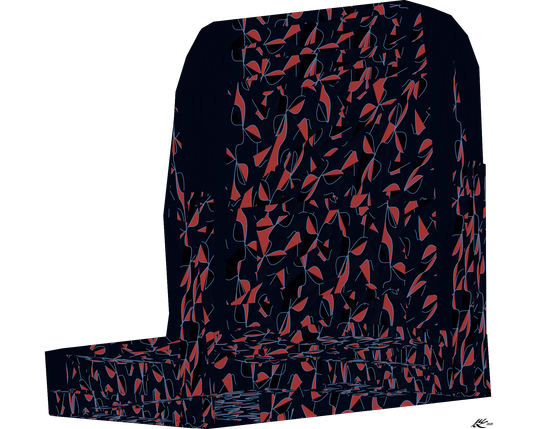 Model of a seat with a weird ugly red and blue pattern applied. I feel I captured something of the vibe of public transportation textiles.

Colophon: 3D model file (STL) read into polyhedra, rotated and scaled, random wild tiling applied to surfaces