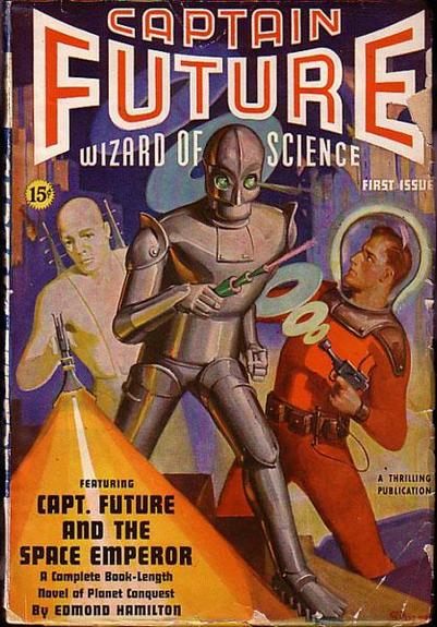 Cover des allerersten Captain-Future-Romans, "winter issue" (Jan. 1940). Zu sehen ist in der MItte der Roboter Grag, links davon Otho, rechts davon der Captain in einem roten Raumanzug. Betitelt ist das Cover mit "Captain Future - Wizard of Science".