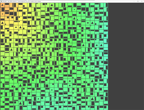 the screen is filled with a colorful grid of squares. between the squares is a small grey margin.

Each square is filled with a figure the same color as the margin. the figures are e.g. circles, rectangles aligned left, right, up, down, center and triangles. the size of the "filling" is different between the individual sqares