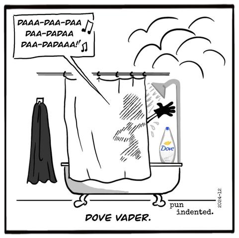Ein Cartoon. Hinter dem Duschvorhang ist schemenhaft Darth Vader zu erkennen, der eine heiße Dusche genießt. Er singt die Melodie des Imperial March. Neben ihm steht eine Flasche Dove Duschgel. Bildunterschrift: Dove Vader.