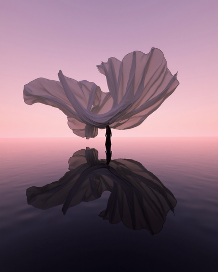 A silhouetted figure stands on still water at twilight, holding a large, semi-translucent fabric that billows overhead in a petal-like shape. The pastel-pink sky softly meets the water at the horizon, creating a serene, dreamlike scene.
