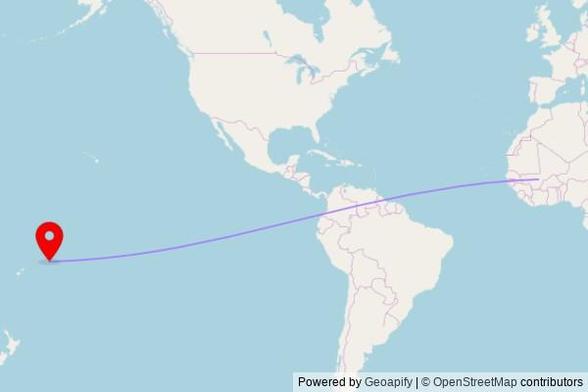 A map showing the great circle route from Sibila in Mali to a map pin at Apia Samoa Temple, Lotopa Road, Apia, Samoa