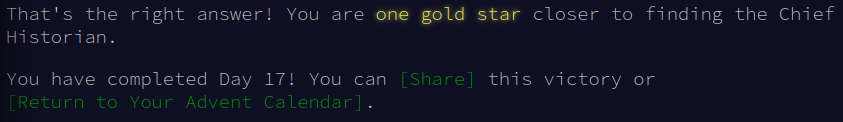 Screenshot of AoC website's day17 success message, proving completion
