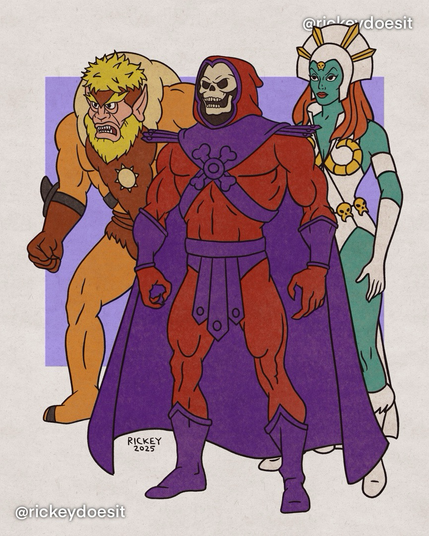 Masters of the universe characters mashed up with X-Men, bad guys skeleton versus magneto, mystique versus evil in, and beast man versus sabertooth
