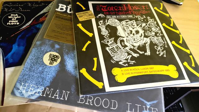 3 vinyl albums next to each other, overlapping: mainly blue cover art on Rick Wright's album, photo of Herman Brood on the middle one and yellow & black artwork with skeletons and skulls on the Toten Hosen album on the right.