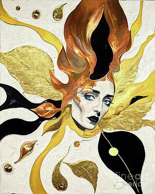 A surreal depiction features a woman's face surrounded by swirling, abstract shapes, with vivid gold and warm tones creating a sense of movement and fluidity. Gold leaf elements and contrasting black and orange accents add depth and drama to the composition.