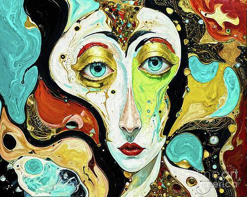 A surreal face with large, expressive eyes is surrounded by swirling, abstract patterns and vibrant colours. The mix of gold, turquoise, and red hues creates an otherworldly atmosphere with a dreamlike quality.