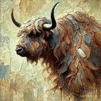 A majestic bull with long, textured hair and prominent horns is depicted with a blend of warm and cool tones. The background is a neutral, earthy color, enhancing the bull's detailed fur and strong presence.