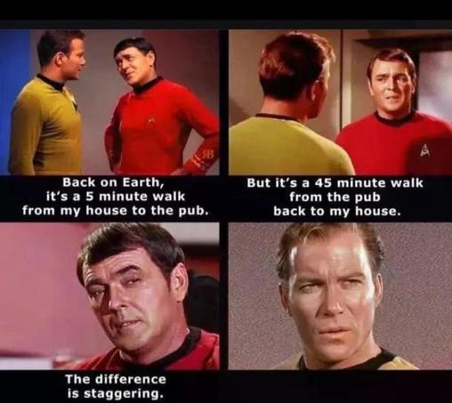 A four panel joke involving Kirk and Scotty.

Upper Left:  

Scotty: Back on Earth, it's a 5 minute walk from my house to the pub.

Upper Right:

Scotty: But it's a 45 minute walk from the pub back to my house.

Lower Left:

Scotty: The difference is staggering.

Lower Right:

Kirk: …