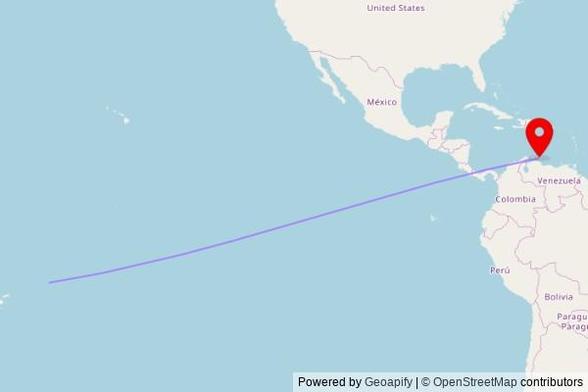 A map showing the great circle route from Apia in Samoa to a map pin at Kingdom In Action Ministries Curacao, Kaminda Jose Papa Liberia 35, Willemstad, Netherlands