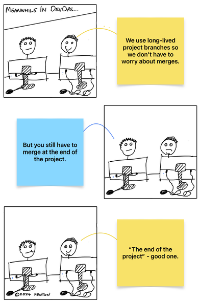 Murray and Arlo are sitting at their desks, which are next to each other.. Murray is looking happy and a little vacant. He points at his screen.

“We use long-lived project branches so we don’t have to worry about merges,” Murray says with excitement.

“But you still have to merge at the end of the project,” Arlo observes.

“The end of the project,” Murray laughs. “That’s a good one!”