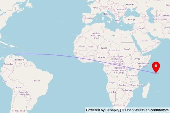 A map showing the great circle route from Willemstad in the Netherlands to a map pin at St. Paul's Cathedral, Royal Street, Victoria, Seychelles