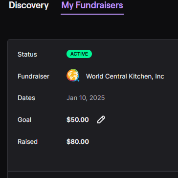 Discovery / My Fundraisers 
Status: Active
Fundraiser: World Central Kitchen, Inc
Dates : Jan 10, 2025
Goal: $50.00
Raised: $80.00