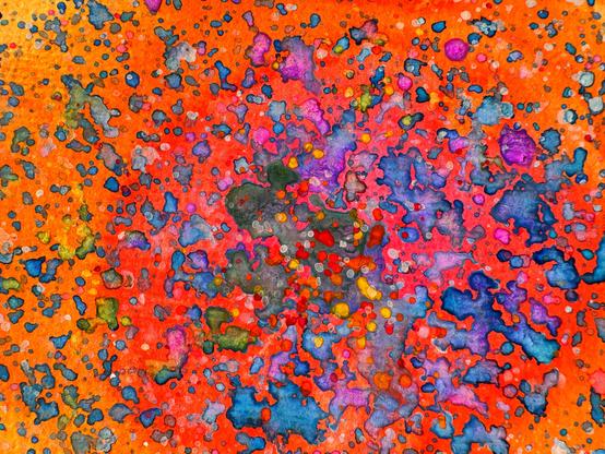 Abstract painting with red background and foreground splatters of blue, purple
